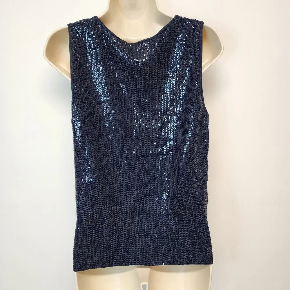 Carmen Marc Valvo Womens Allover Sequin Top Size M Blue Sleeveless Round Neck - Picture 3 of 13